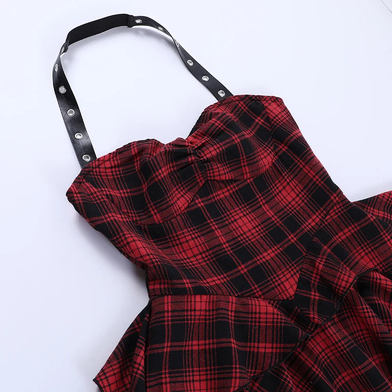 Gothic Grunge Y2K Red Plaid Irregular Hem Halter Mini Dress