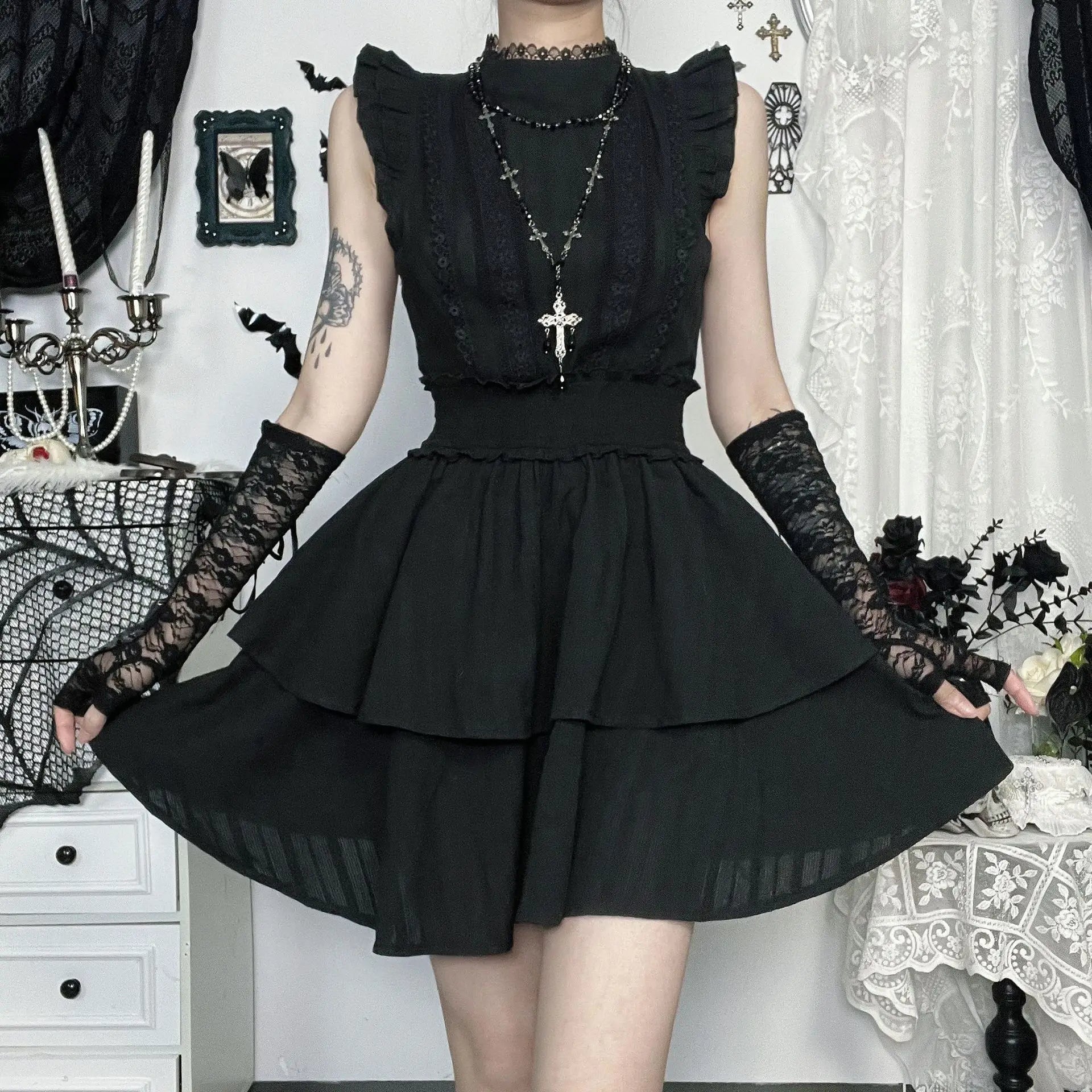 Gothic Corporate Goth Lace Patchwork High Waist Mini Dress ROCK 'N DOLL Gothic Corporate Goth Lace Patchwork High Waist Mini Dress ROCK 'N DOLL