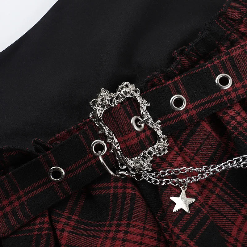 Gothic Grunge Alt Goth Harajuku Black Red Plaid Irregular Hem Mini Skirt