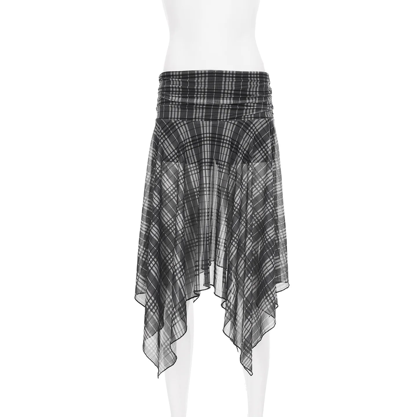 Gothic Alt Goth Grunge Y2K Plaid Mesh Patchwork Irregular Hem Midi Skirt