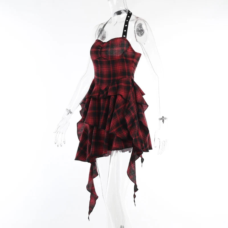 Gothic Grunge Y2K Red Plaid Irregular Hem Halter Mini Dress