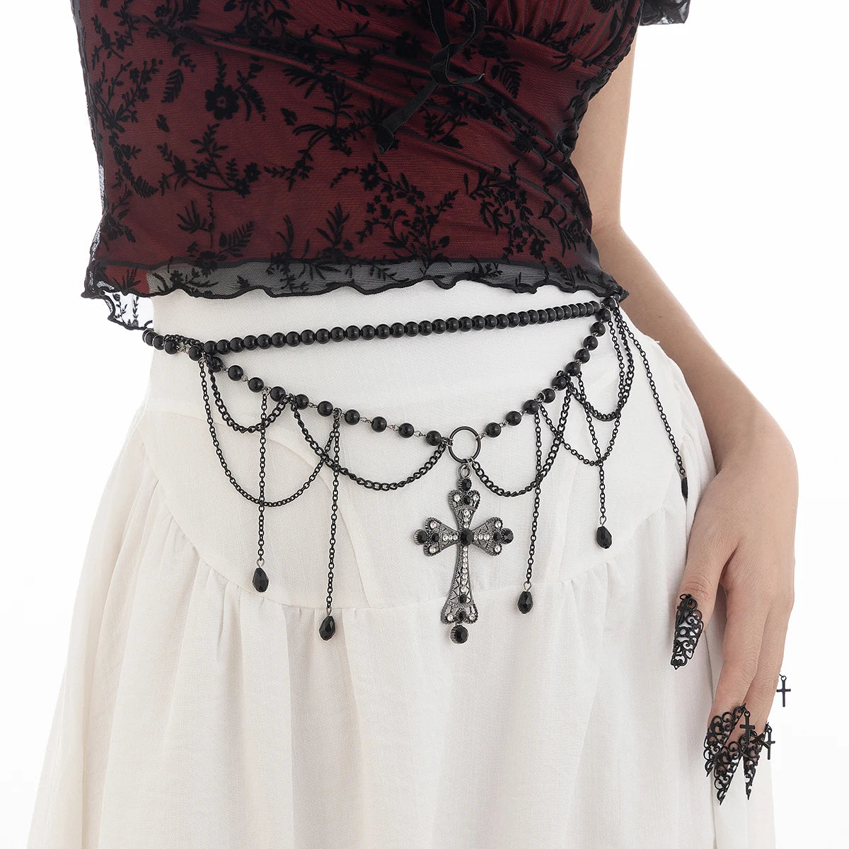 Gothic Romantic Black Crystal Cross Pendant Waist Belly Chain Belt