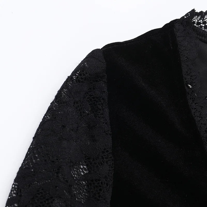 Gothic Vampire Lace Bell Sleeves Deep Neckline Long Dress