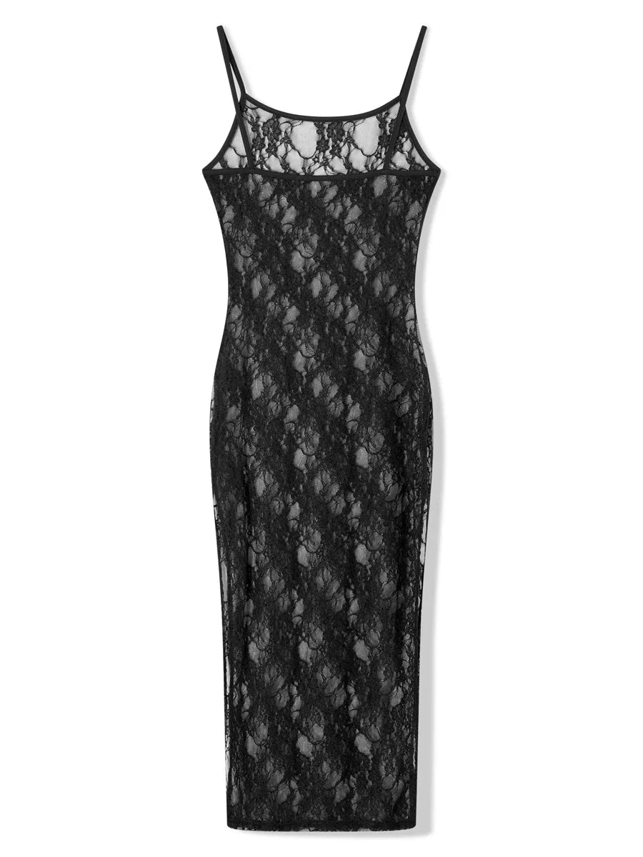 Gothic Romantic 90s Goth Black Lace See Through Spaghetti Strap Long Bodycon Dress