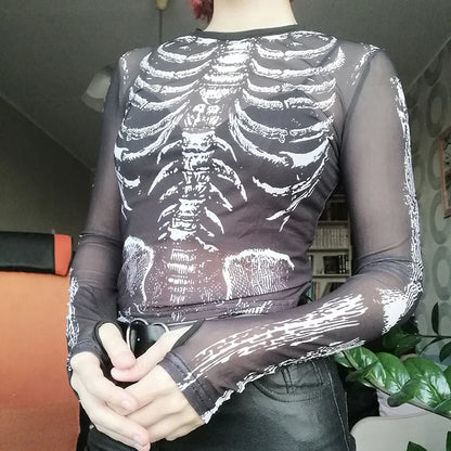 Gothic 90's Goth Y2K Skeleton Print Mesh Top