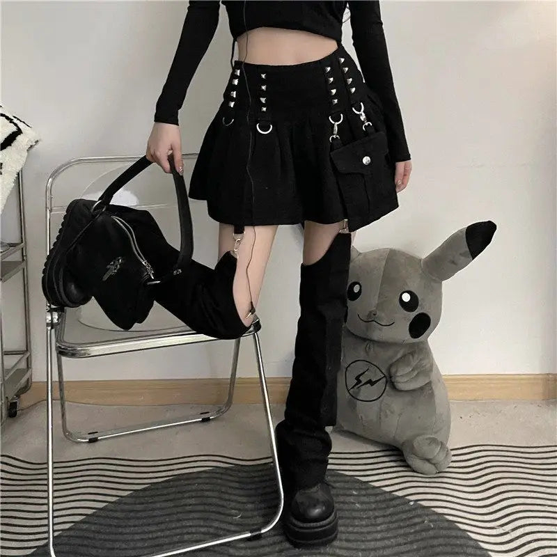 Gothic Punk Rivets Pleated Mini Skirt with Hollow Out Trouser Leg Warmer