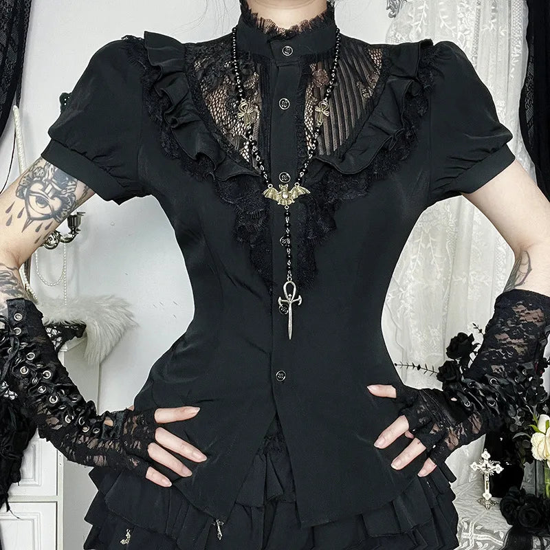Gothic Victorian Goth Lace Patchwork Hollow Out Short Sleeve Blouse Top