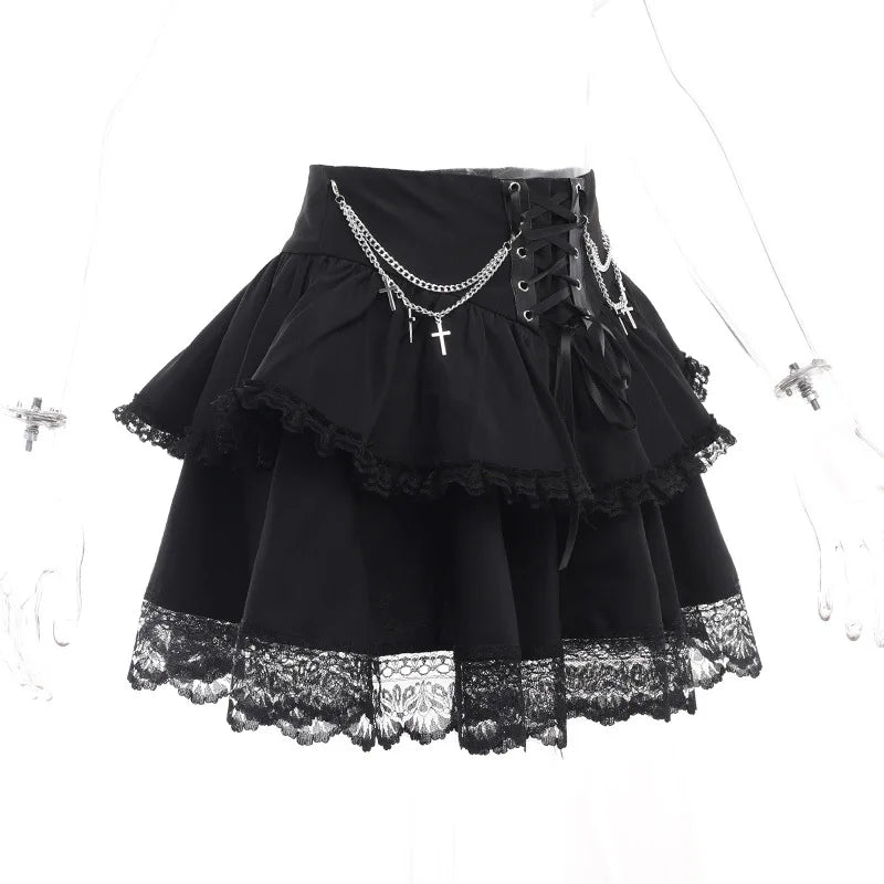 Gothic Romantic Chain Cross Lace Up Waist Cake Mini Skirt