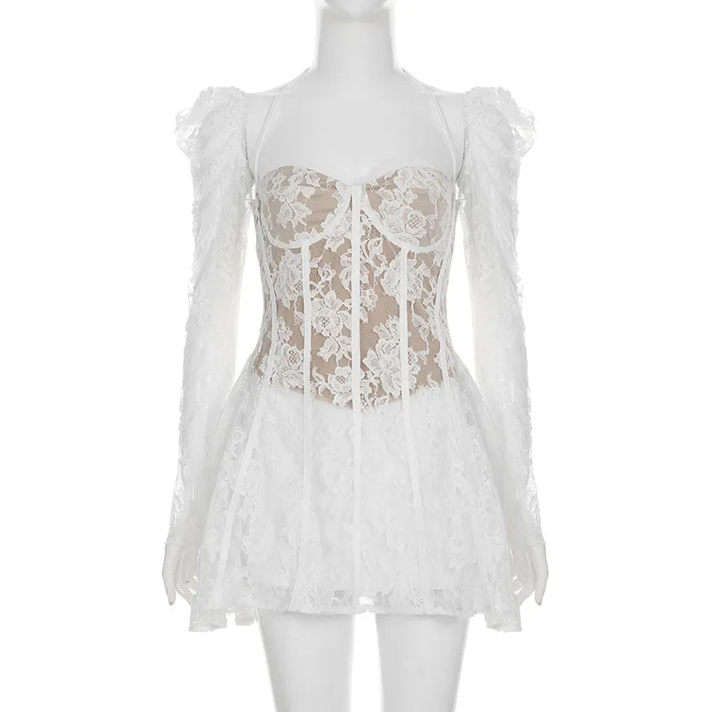 Gothic Romantic Goth Puff Sleeve Corset Waist White Lace Mini Dress