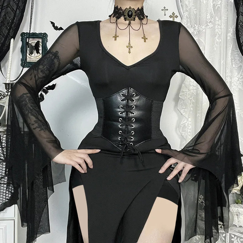 Gothic Dark Romantic Goth Sheer Flare Sleeves High Slit Wide Belt Long Dress