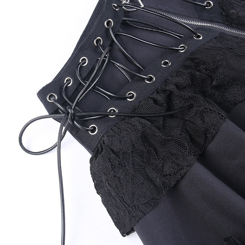 Gothic Lace Patchwork Grommet Zip Up Mini Skirt