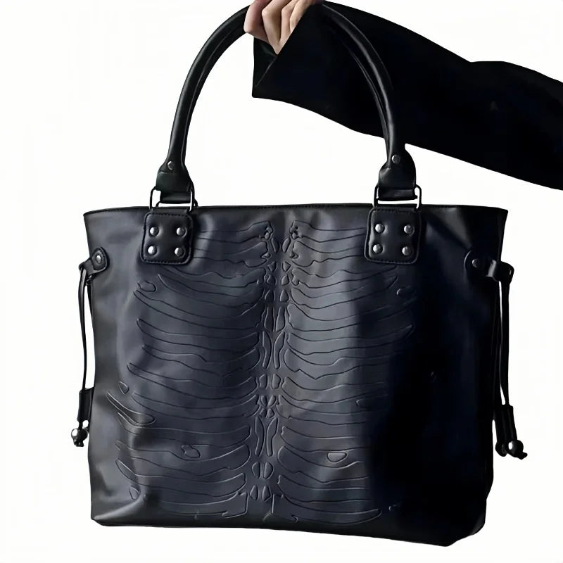 Gothic Alt Goth Embossed Skeleton Large Capacity Tote Shoulder Bag Handbag