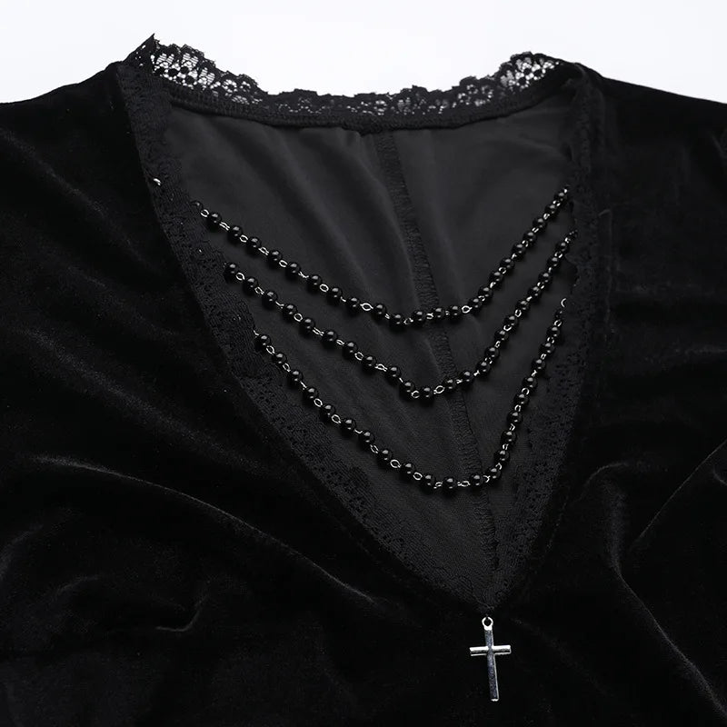 Gothic Vampire Lace Bell Sleeves Deep Neckline Long Dress