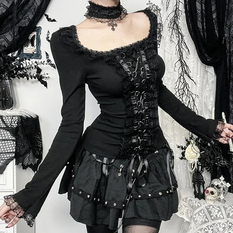Gothic Romantic Goth Lace Ruffles Patchwork Square Collar Long Sleeve Top