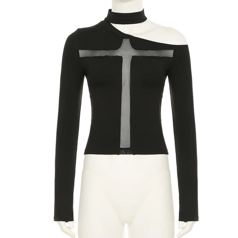 Gothic Alt Goth Cross Sheer Hollow Out Mesh Long Sleeve Top