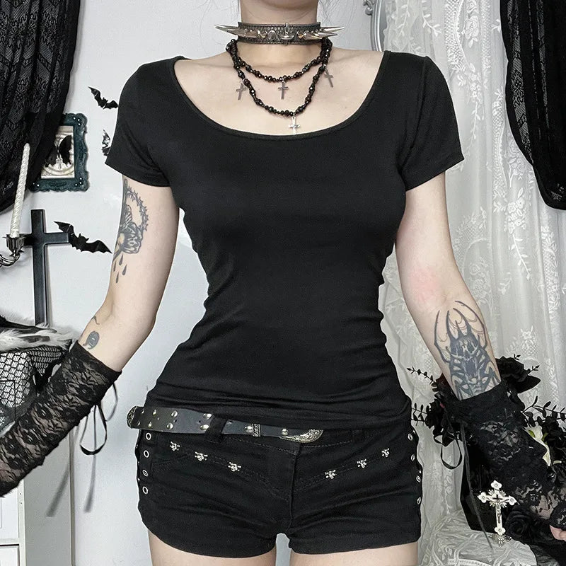Gothic Alt Punk Goth Hollow Out Bone Chain Short Sleeve Top