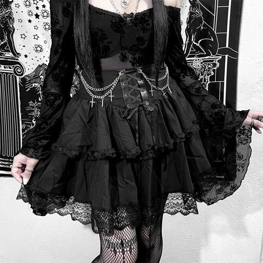 Gothic Romantic Chain Cross Lace Up Waist Cake Mini Skirt