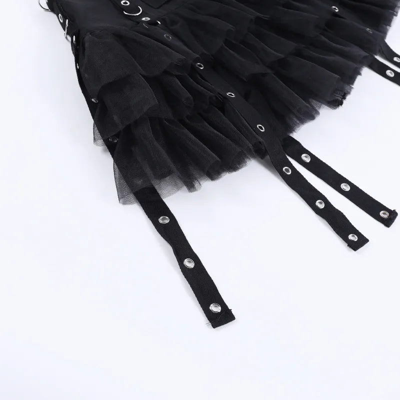 Gothic Ruffles Mesh Splice Buckles Mini Skirt