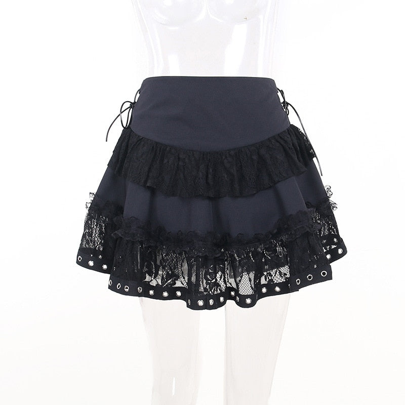 Gothic Lace Patchwork Grommet Zip Up Mini Skirt