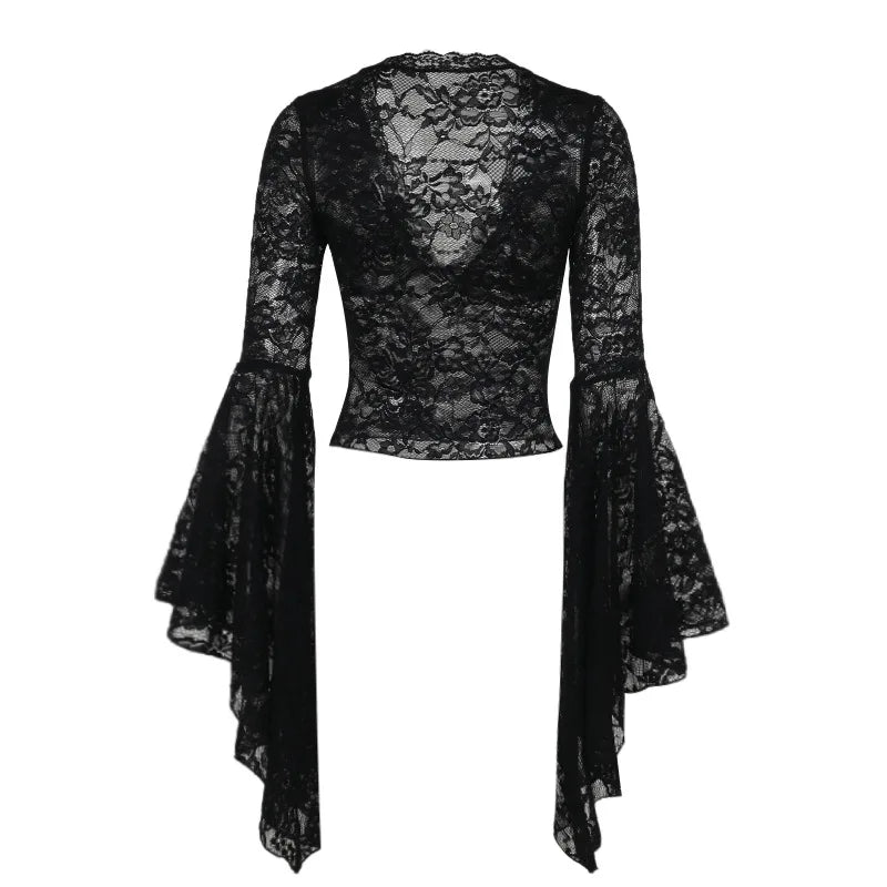 Gothic Vampire V-Neck Chain Beads Lace Bell Sleeves Top
