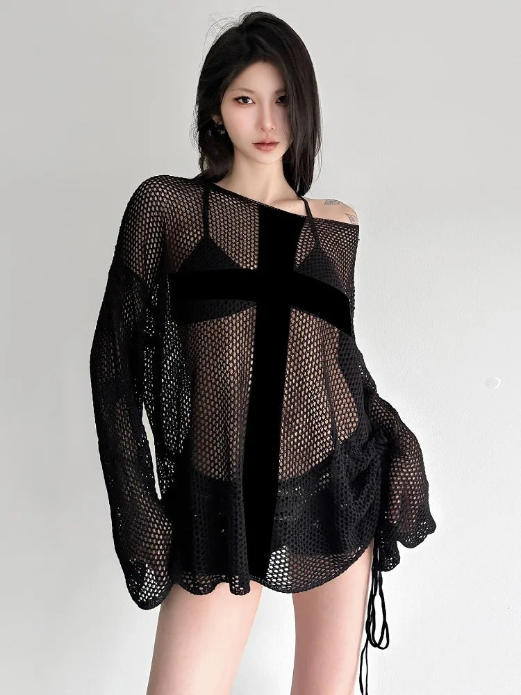 Gothic Y2K Alt Goth Punk Fishnet Mesh Cross Patchwork Long Sleeve Cover Up Top