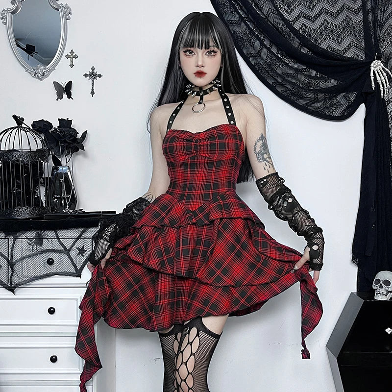 Gothic Grunge Y2K Red Plaid Irregular Hem Halter Mini Dress