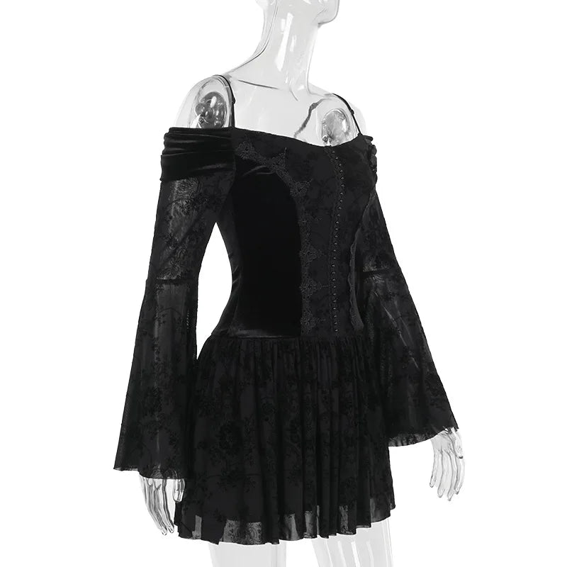 Gothic Vampire Goth Off Shoulder Velvet Sheer Flare Sleeves Mini Dress