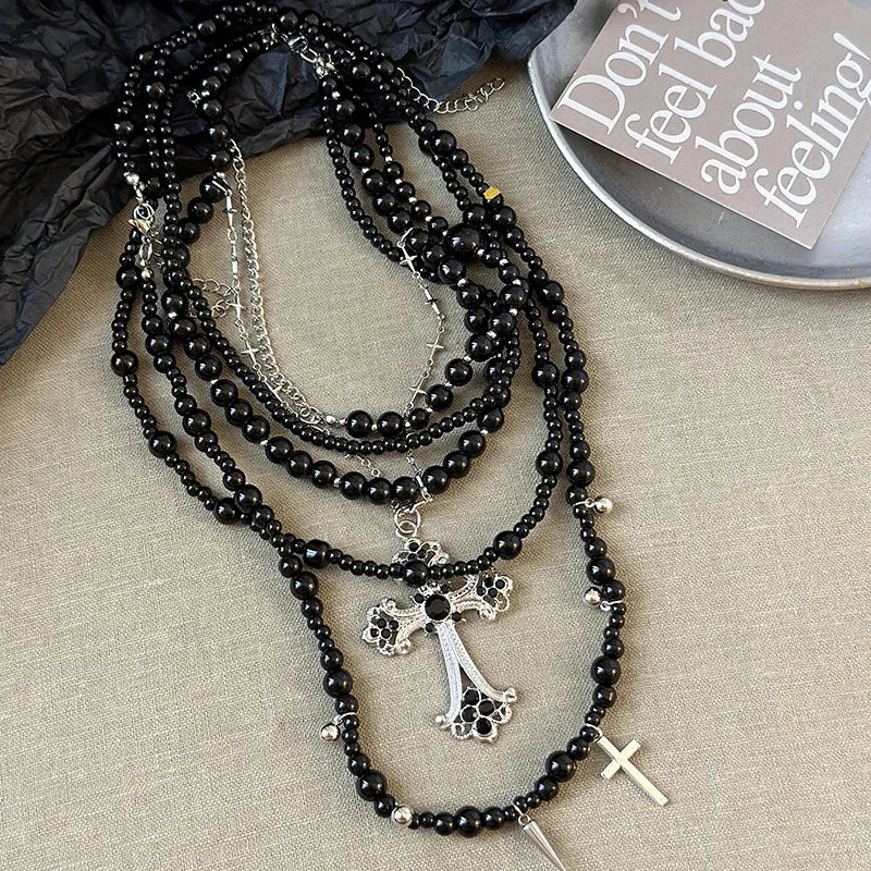Gothic Alt Goth Cross Pendant Layered Beaded Necklace