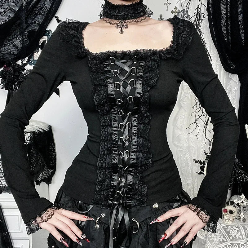 Gothic Romantic Goth Lace Ruffles Patchwork Square Collar Long Sleeve Top