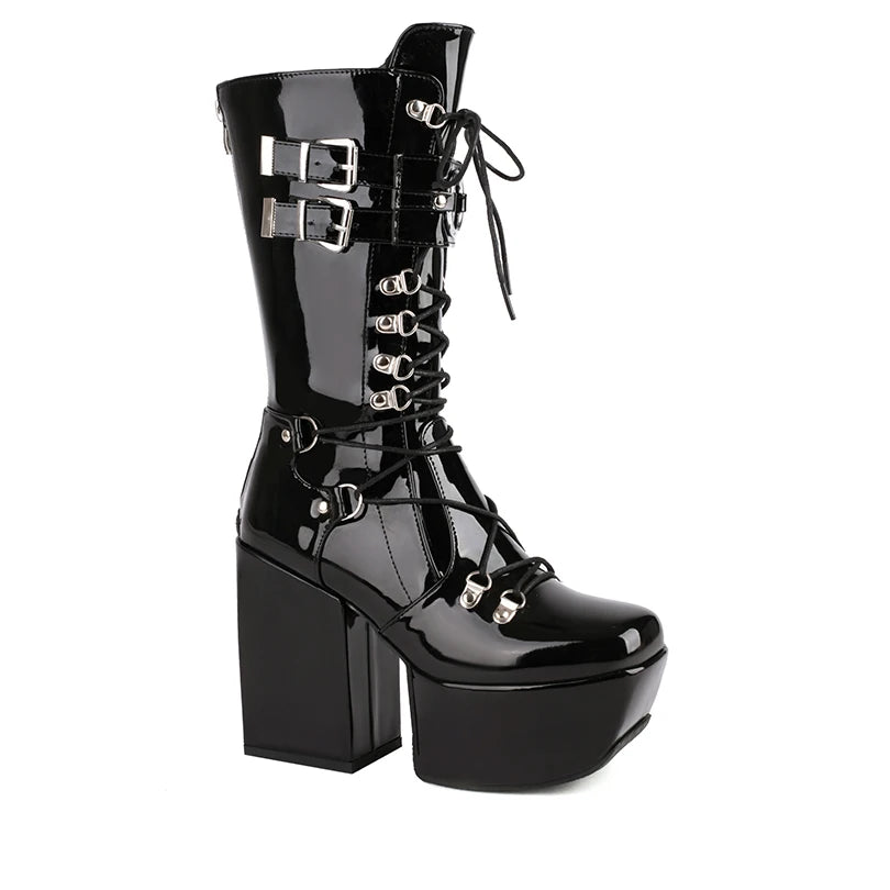 Gothic Alt Goth Lace Up Double Buckles Square Toe Platform Boots