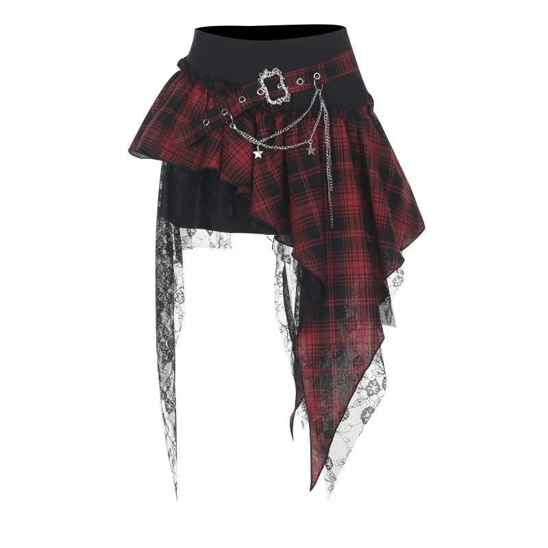 Gothic Grunge Alt Goth Harajuku Black Red Plaid Irregular Hem Mini Skirt