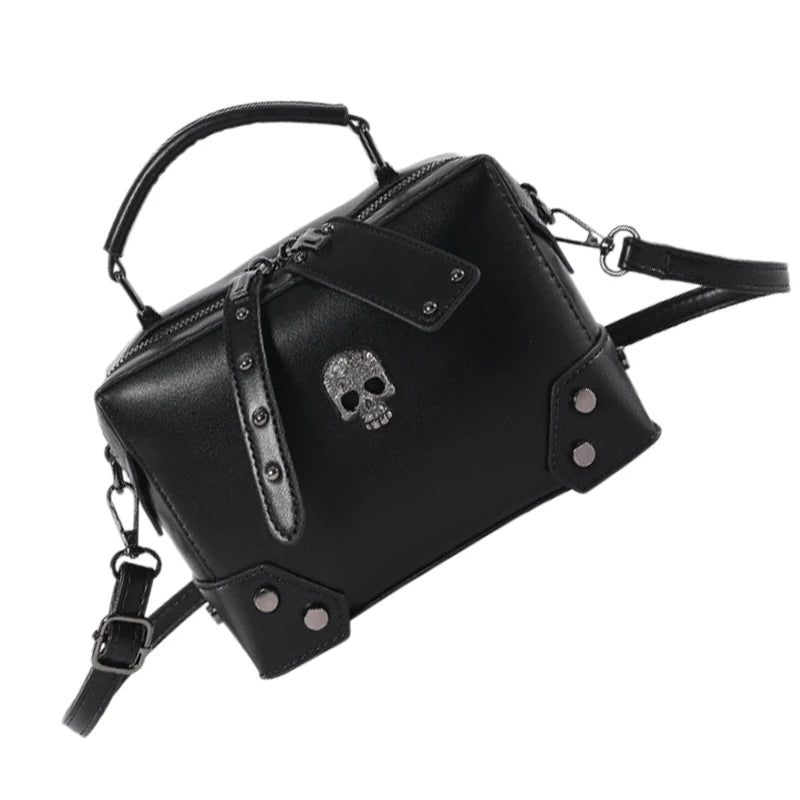 Gothic Punk Alt Goth Cross Skull Chain PU Leather Boxy Handbag Crossbody Bag with Top Handle