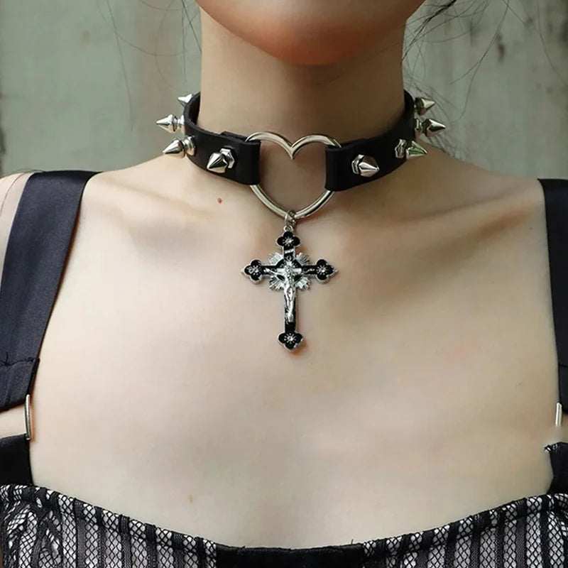 Gothic Alt Goth Heart Crucifix Studded Choker Necklace
