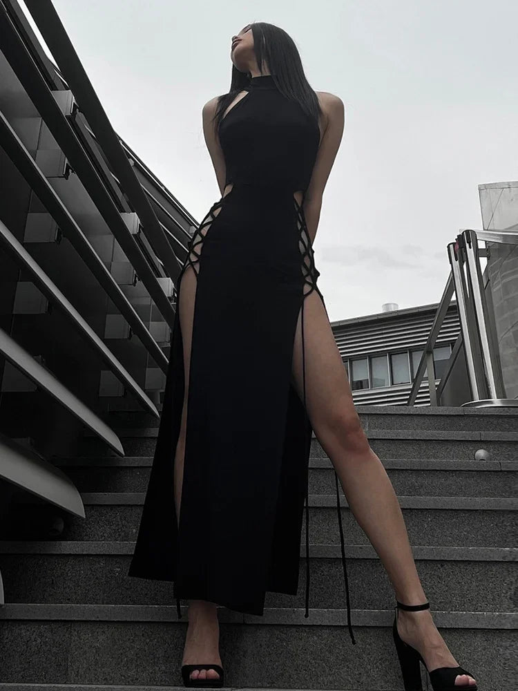 Gothic Alt Goth Dark Cosplay Lace Up High Slit Dress