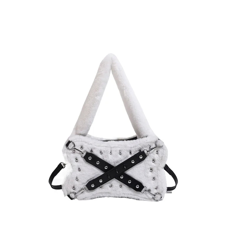 Gothic Alt Goth Y2K Bone Plush Studded Crossbody Shoulder Bag (available in 2 colors)