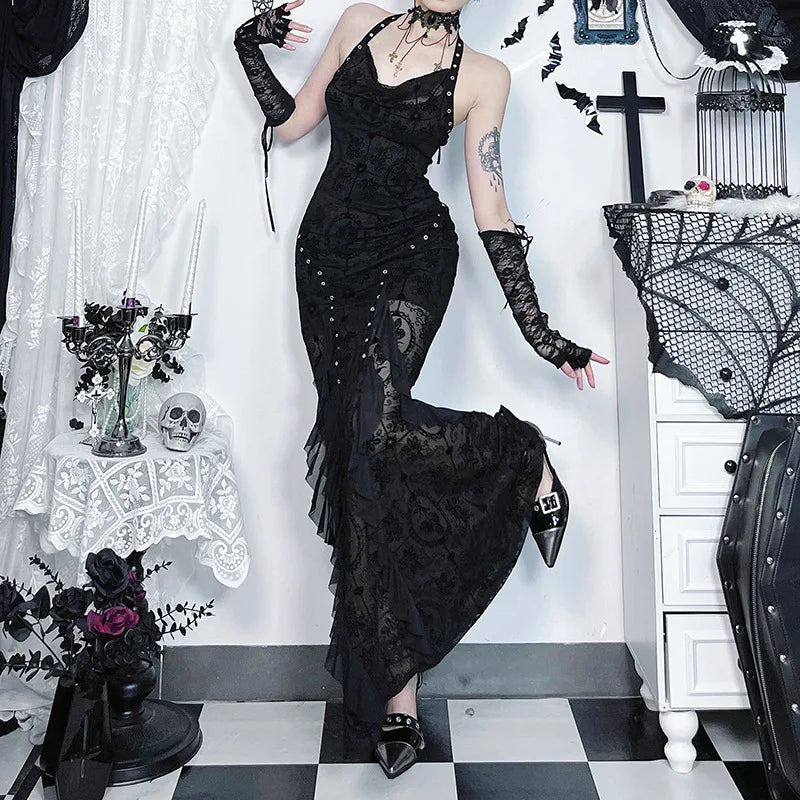 Gothic Romantic Goth Vintage Mesh Patchwork Halter Trumpet Dress