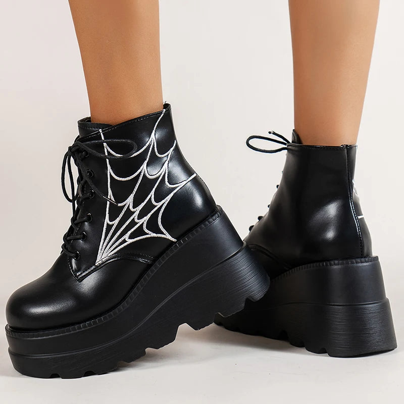 Gothic Spider Web Lace Up Chinky Wedge Platform Boots