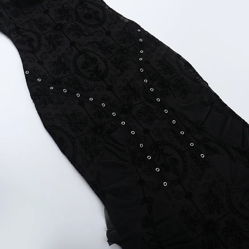 Gothic Romantic Goth Vintage Mesh Patchwork Halter Trumpet Dress