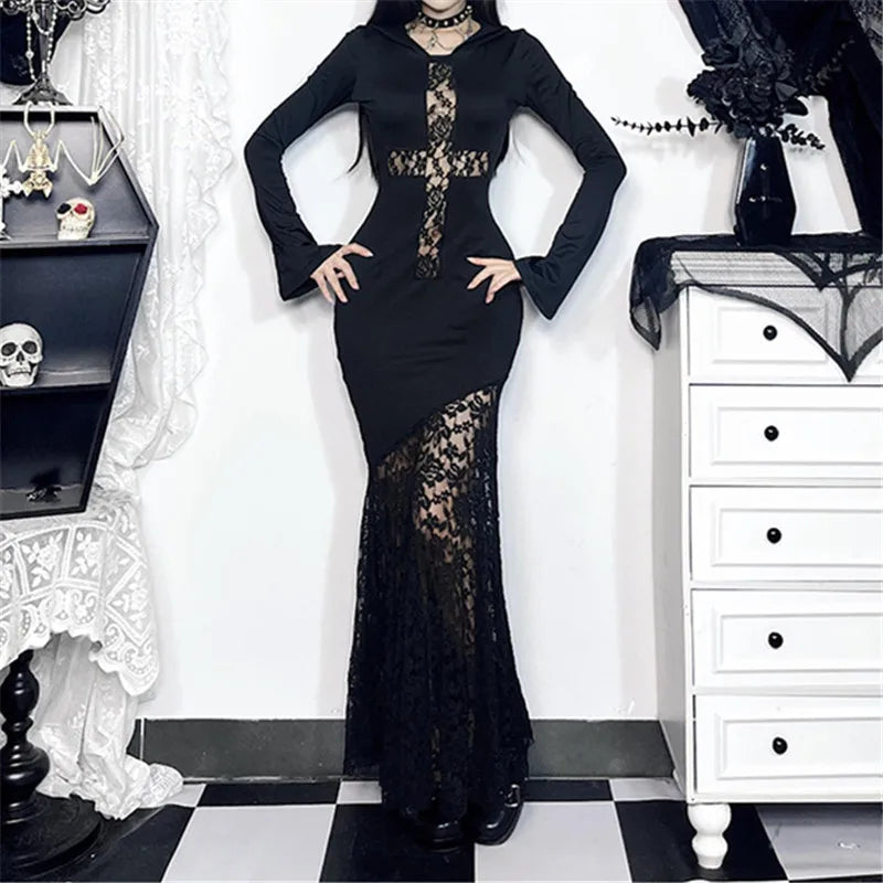 Gothic Alt Cross Hollow Out Lace Hooded Bodycon Long Dress