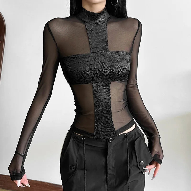 Gothic Alt Y2K Goth Cross Patchwork Mesh See-Through Long Sleeve Shirt Top