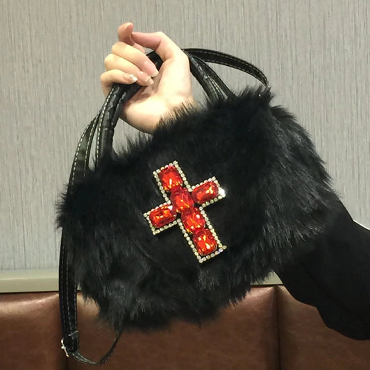 Gothic Y2k Cross Applique Faux Fur Crossbbody Bag