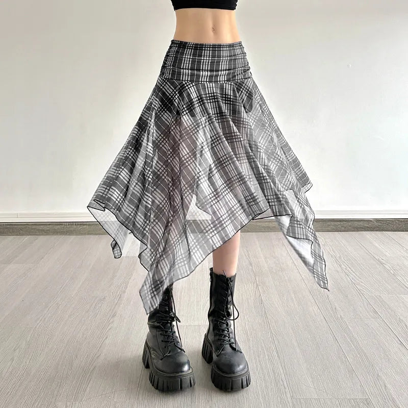 Gothic Alt Goth Grunge Y2K Plaid Mesh Patchwork Irregular Hem Midi Skirt