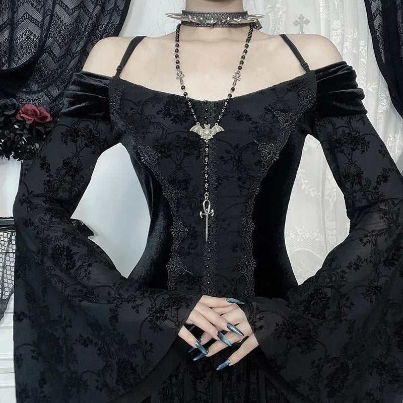 Gothic Vampire Goth Off Shoulder Velvet Sheer Flare Sleeves Mini Dress