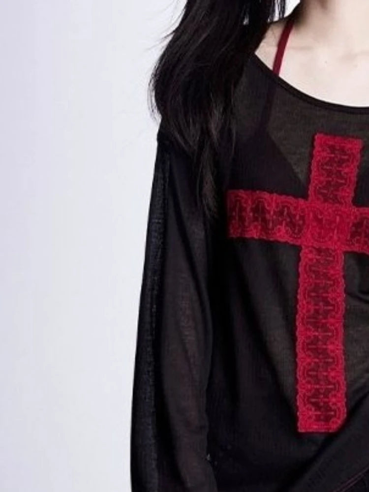 Gothic Y2K Alt Goth Cross Patchwork See Through Long Sleeve Top