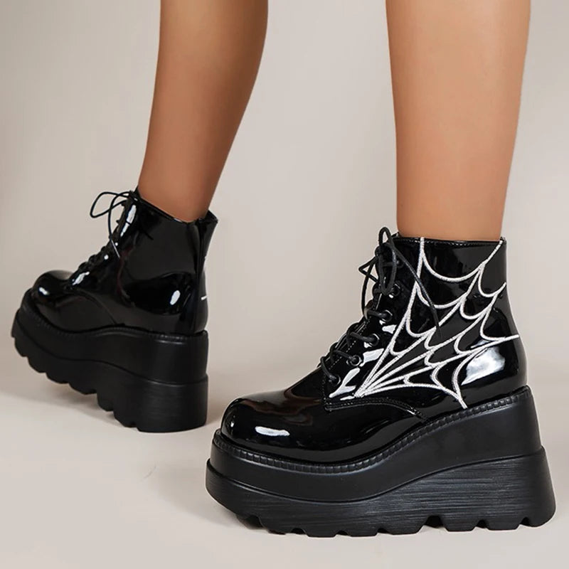 Gothic Spider Web Lace Up Chinky Wedge Platform Boots