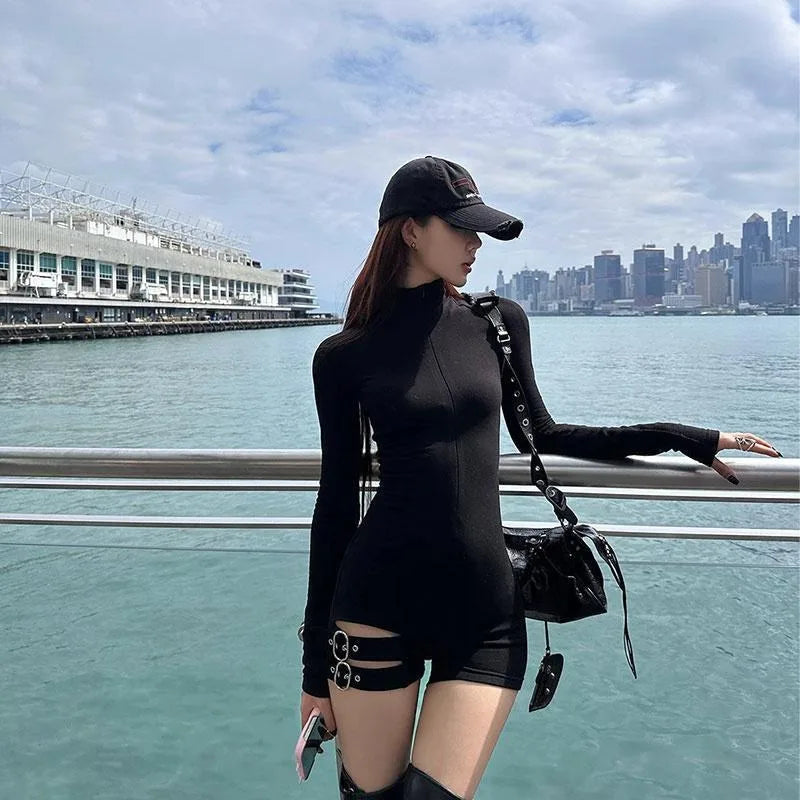 Gothic Alt Goth Long Sleeve Thigh Straps Bodysuit Rompers