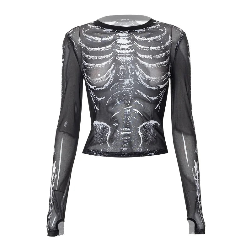 Gothic 90's Goth Y2K Skeleton Print Mesh Top