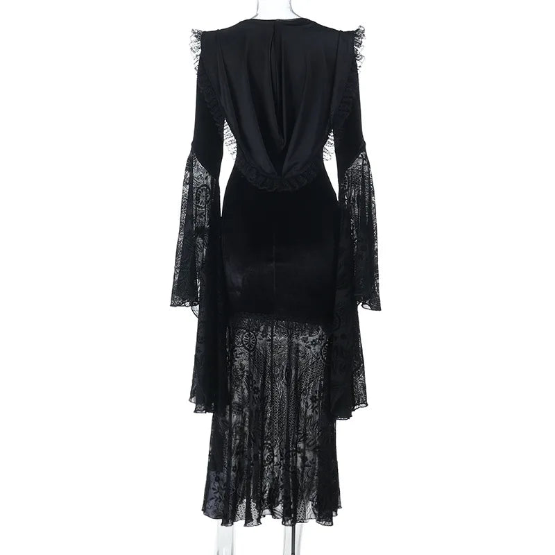 Gothic Romantic Goth Flocking Lace Batwing Sleeve Hooded Long Dress