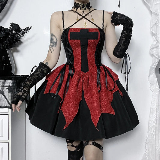 Gothic 90's Goth Cross Spaghetti Straps Red Black Mini Dress