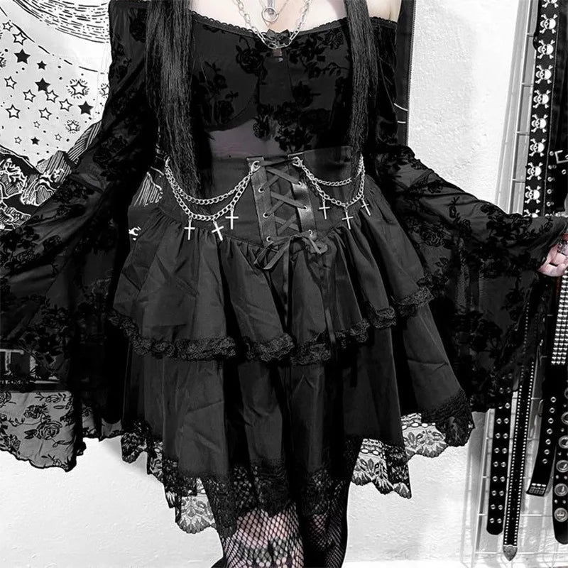 Gothic Romantic Chain Cross Lace Up Waist Cake Mini Skirt